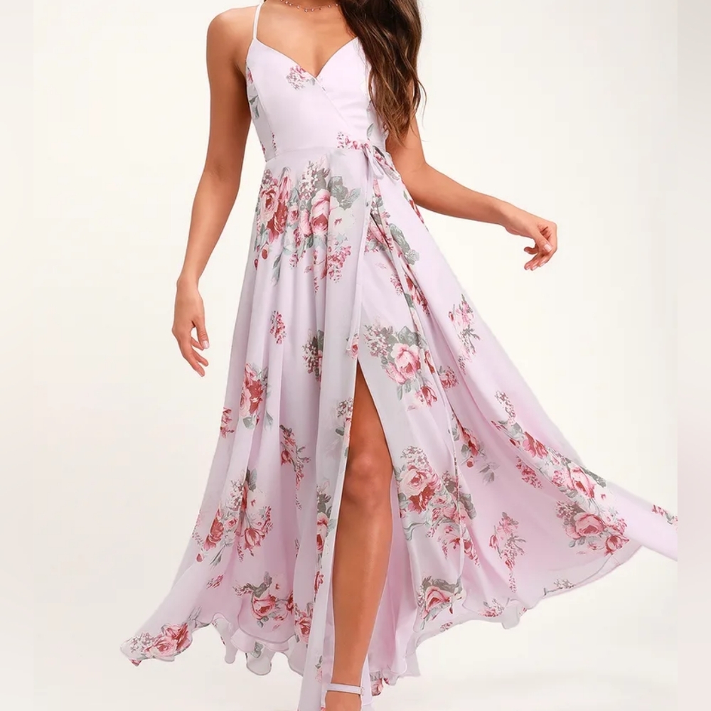 Lulus purple floral long maxi wrap dress v-neck